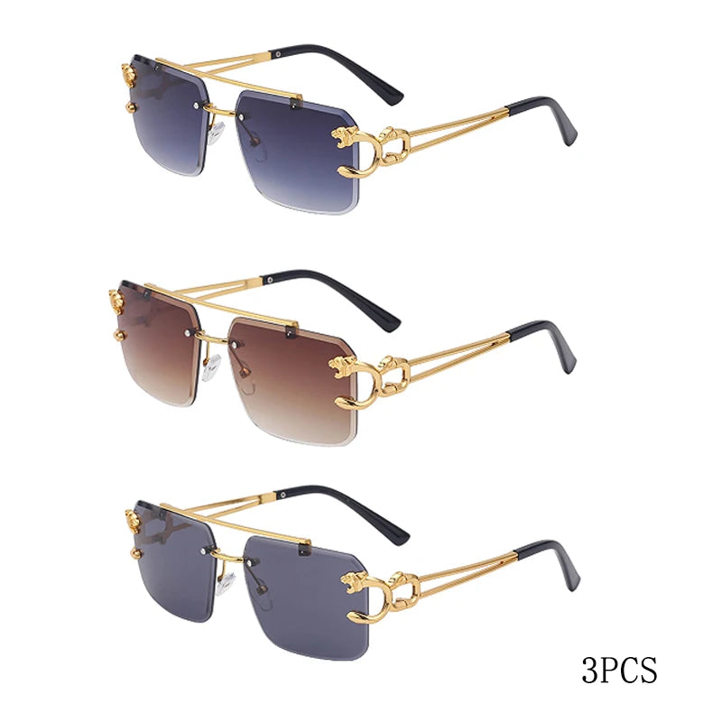 Fashion Metal Leopard Rimless Sunglasses Double Bridges Gradient Shades