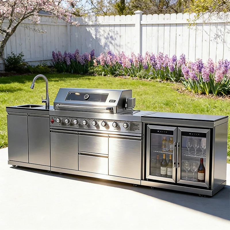 Stainless Steel Outdoor Kitchen Cabinet Barbecue Grill With Grill Cooktop Sink Fridge