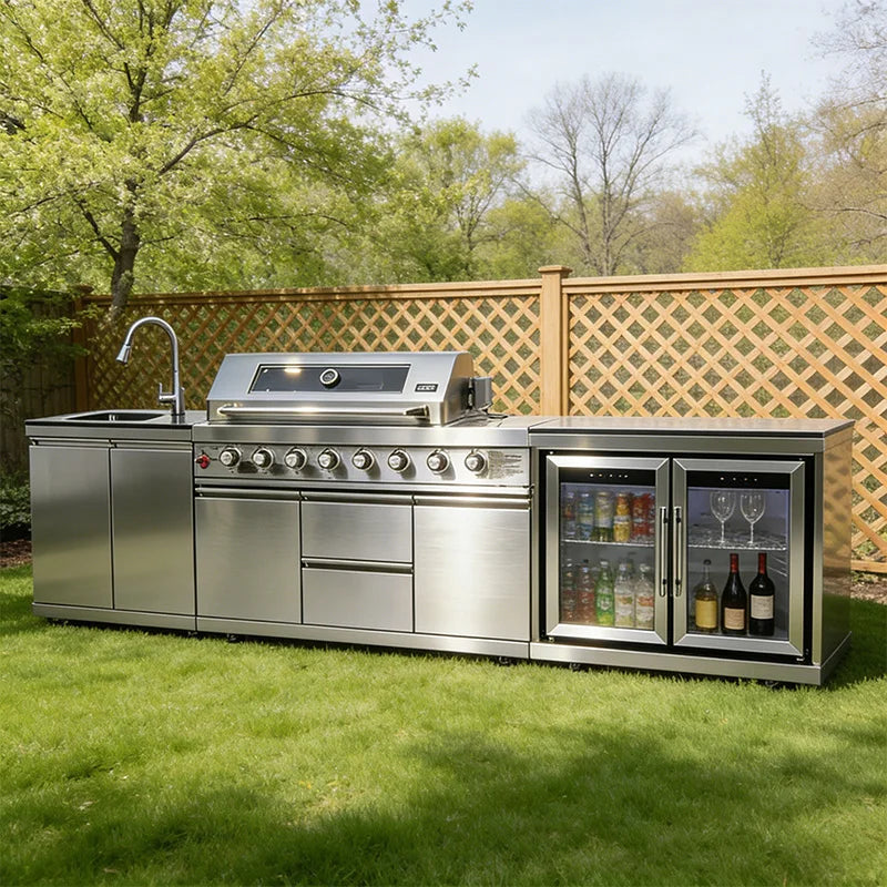 Stainless Steel Outdoor Kitchen Cabinet Barbecue Grill With Grill Cooktop Sink Fridge