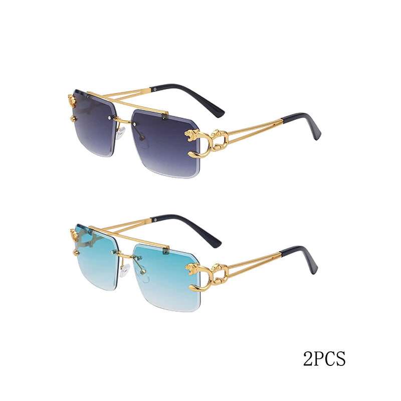 Fashion Metal Leopard Rimless Sunglasses Double Bridges Gradient Shades