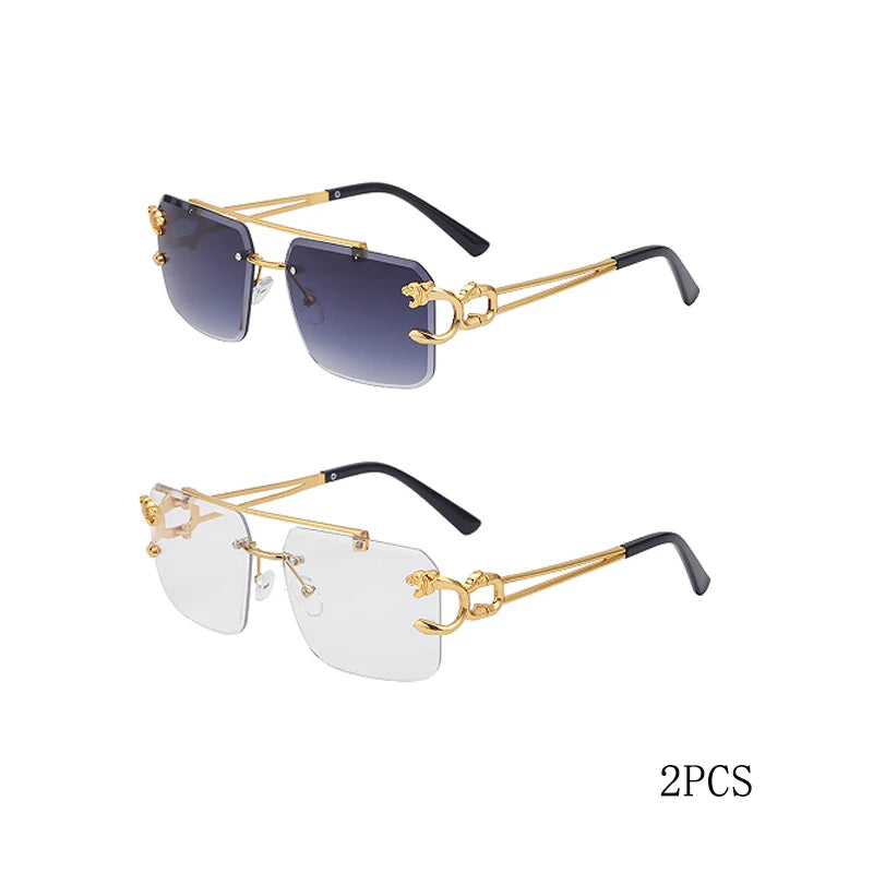 Fashion Metal Leopard Rimless Sunglasses Double Bridges Gradient Shades