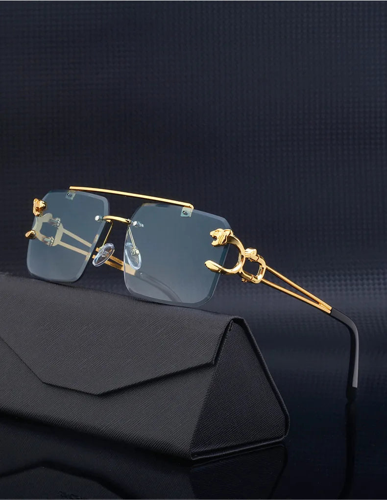 Fashion Metal Leopard Rimless Sunglasses Double Bridges Gradient Shades