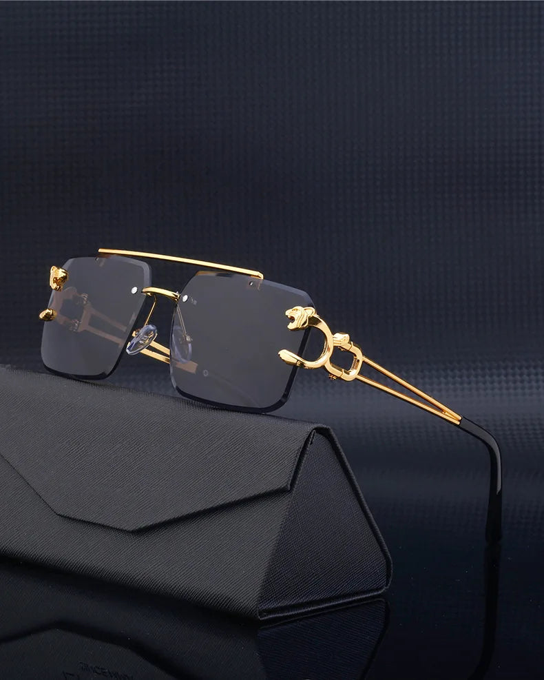 Fashion Metal Leopard Rimless Sunglasses Double Bridges Gradient Shades