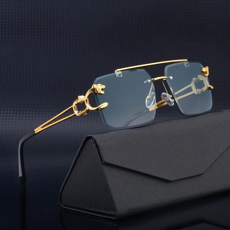 Fashion Metal Leopard Rimless Sunglasses Double Bridges Gradient Shades