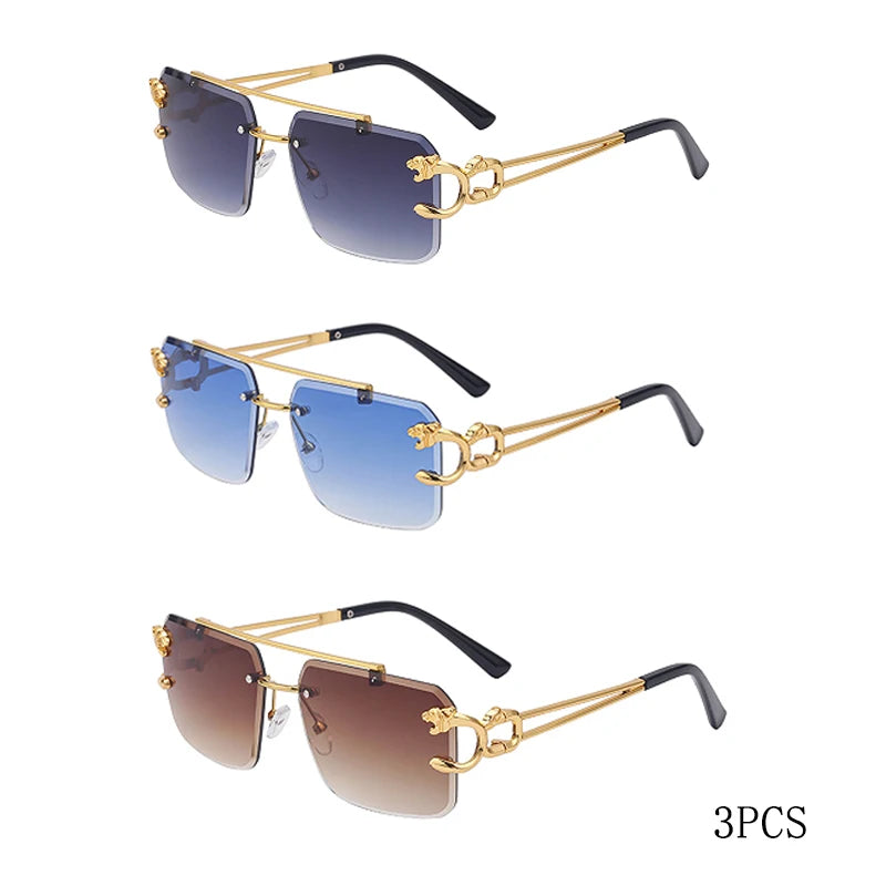 Fashion Metal Leopard Rimless Sunglasses Double Bridges Gradient Shades