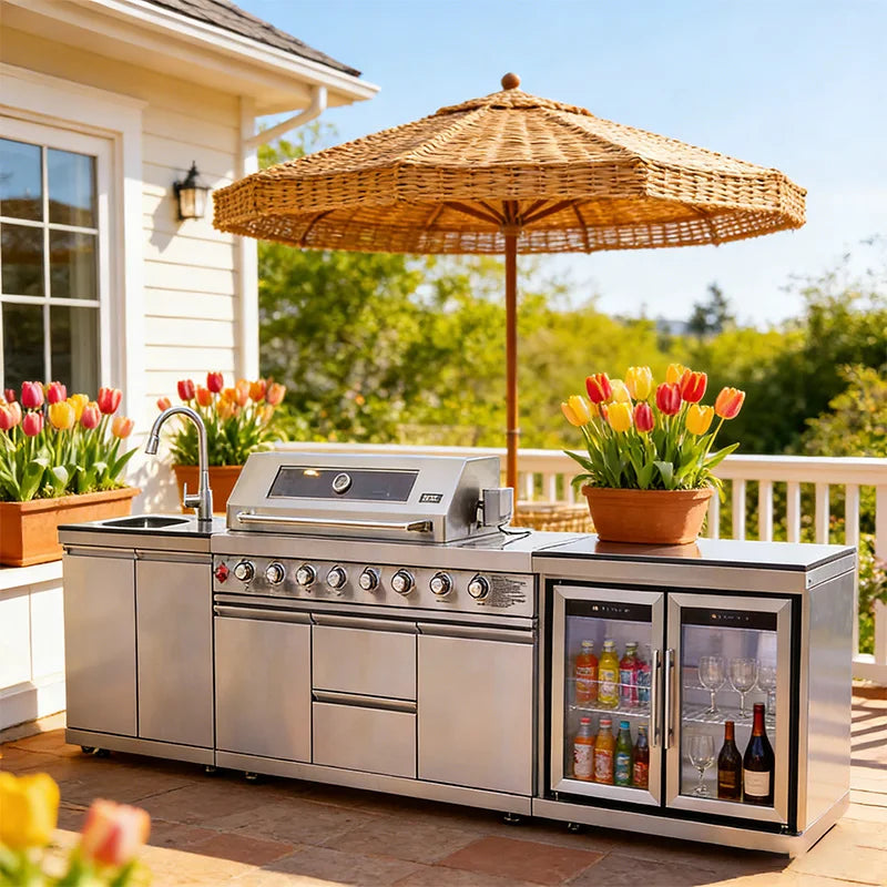 Stainless Steel Outdoor Kitchen Cabinet Barbecue Grill With Grill Cooktop Sink Fridge
