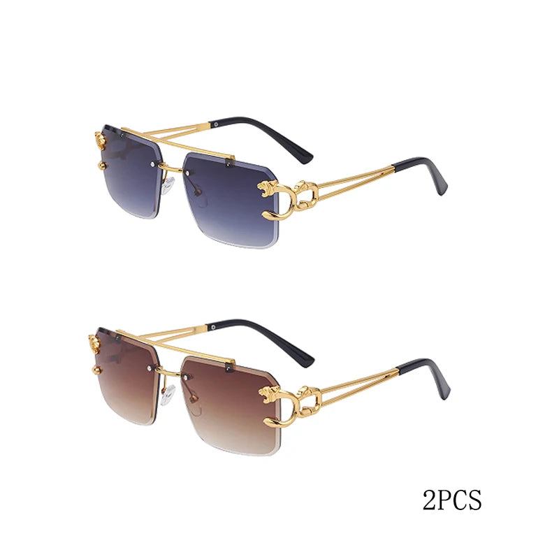 Fashion Metal Leopard Rimless Sunglasses Double Bridges Gradient Shades