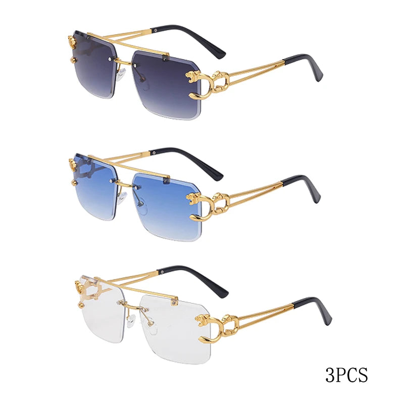 Fashion Metal Leopard Rimless Sunglasses Double Bridges Gradient Shades