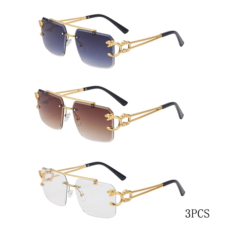 Fashion Metal Leopard Rimless Sunglasses Double Bridges Gradient Shades