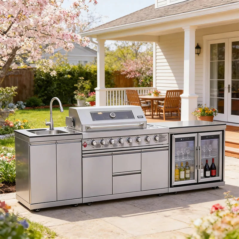 Stainless Steel Outdoor Kitchen Cabinet Barbecue Grill With Grill Cooktop Sink Fridge