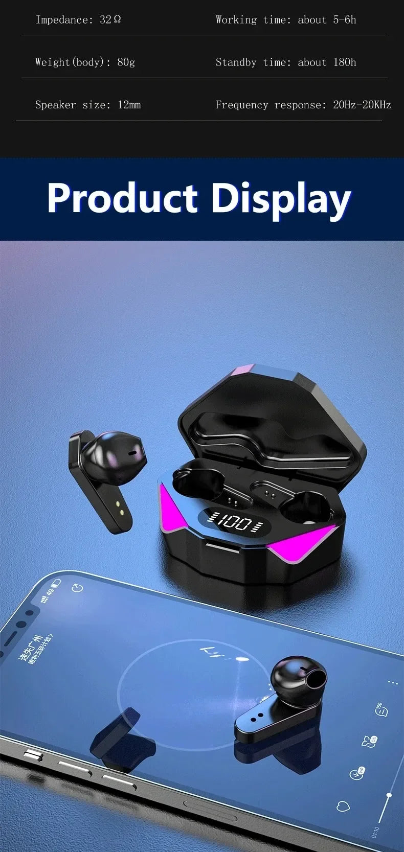 LED Display Gamer Earbuds with Mic